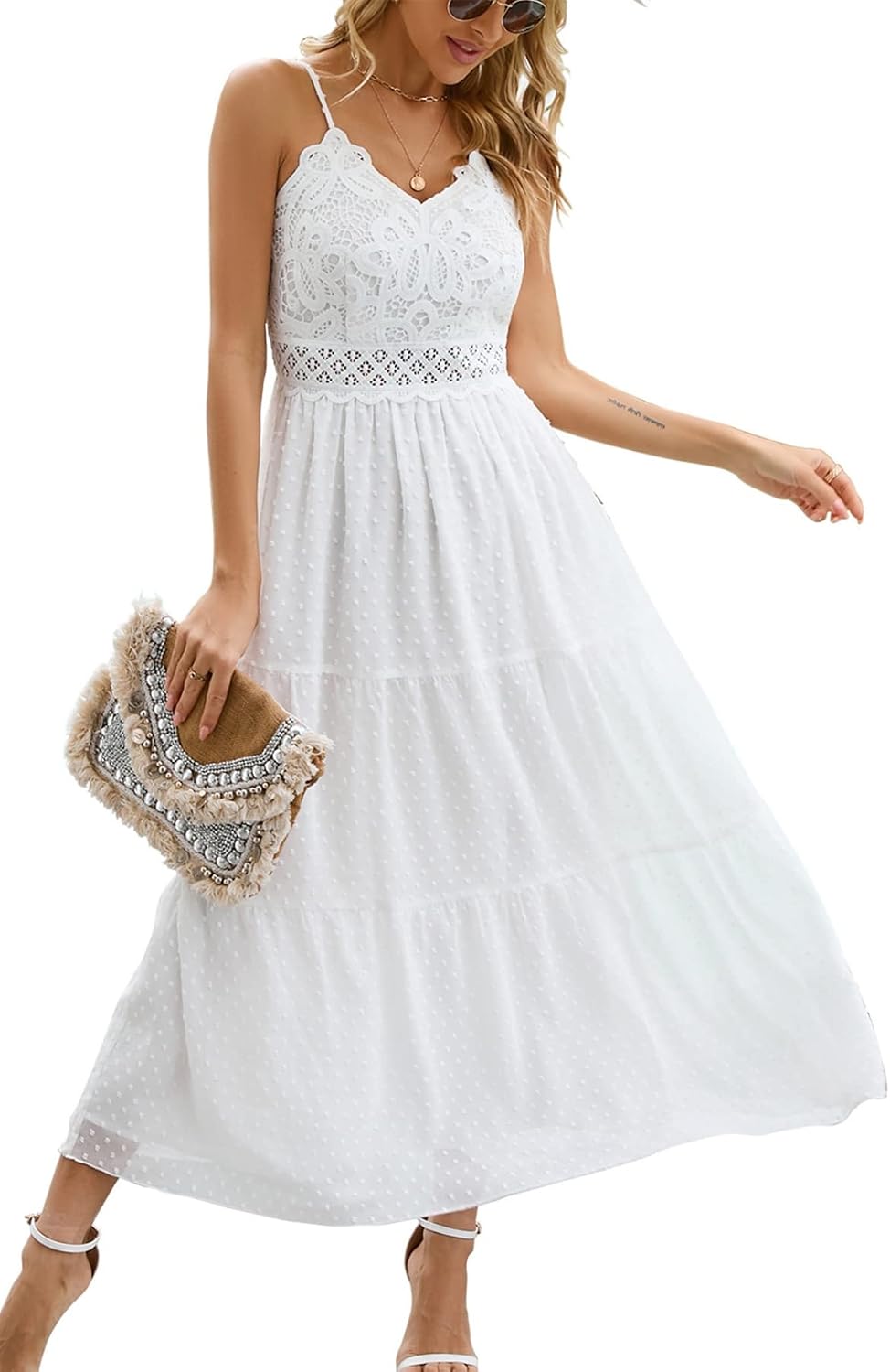Dokuritu Women's Beach Crochet Lace Maxi Dress Solid Color Summer Vacation Wedding Guest Spaghetti Strap Long Dress
