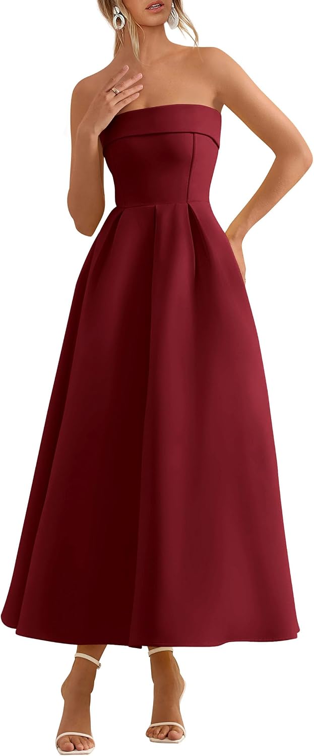Tube-Top Strapless Midi Cocktail Dress in Burgundy