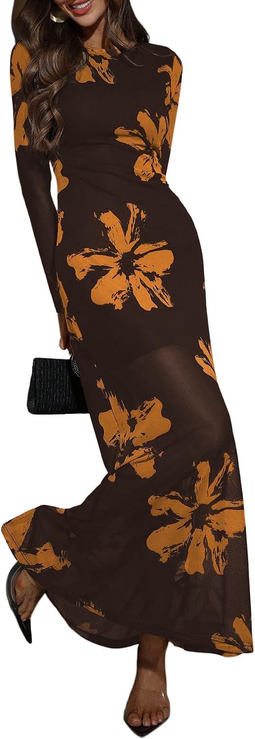 Floral Long-Sleeve Bodycon Maxi Dress in Yellow Black