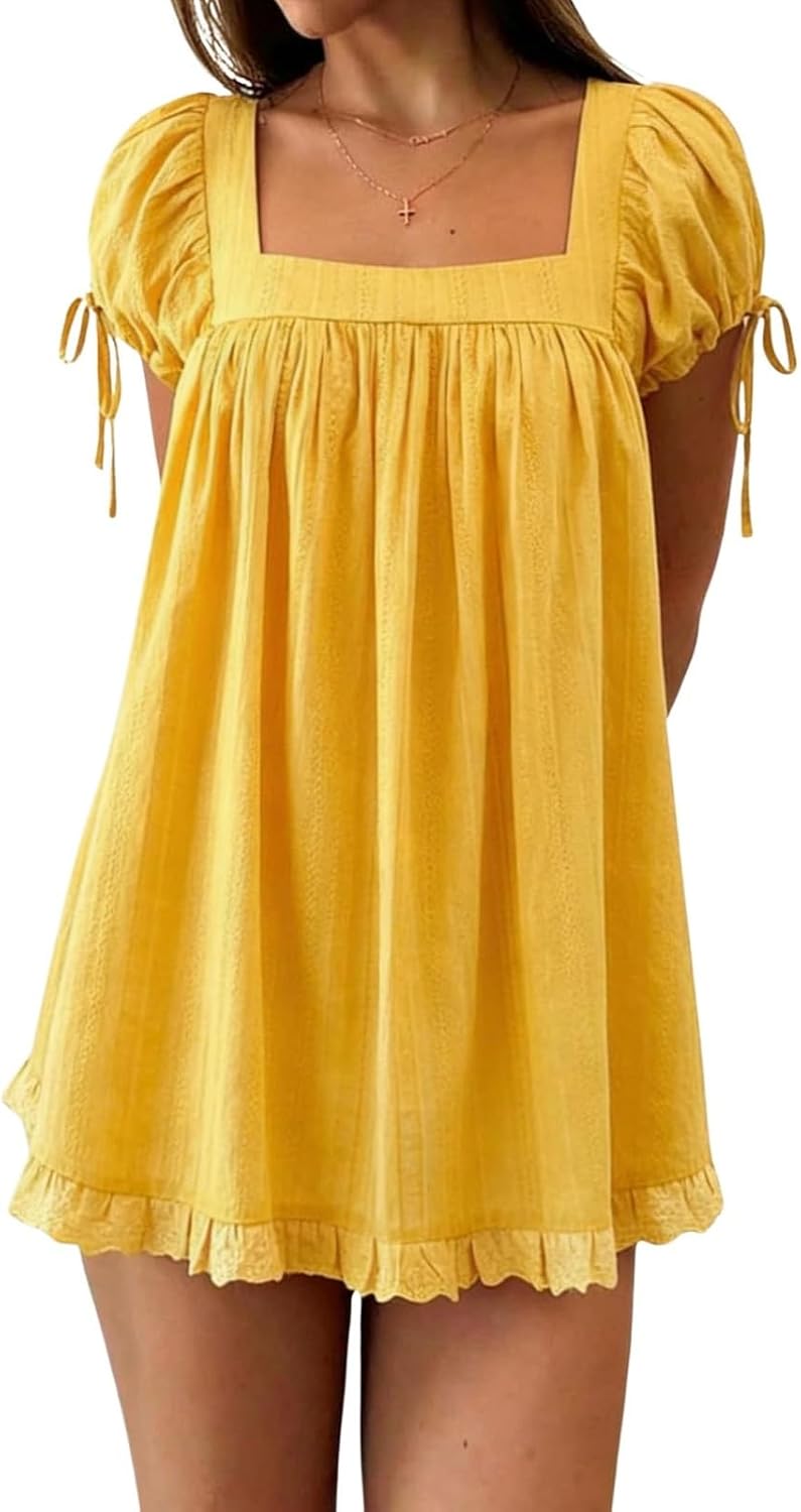 QLQLWDD Women Square Neck Babydoll Mini Dress Y2k Puff Sleeve Flowy Short Dress Loose Bow Tie Ruffle Trim Going Out Sundress
