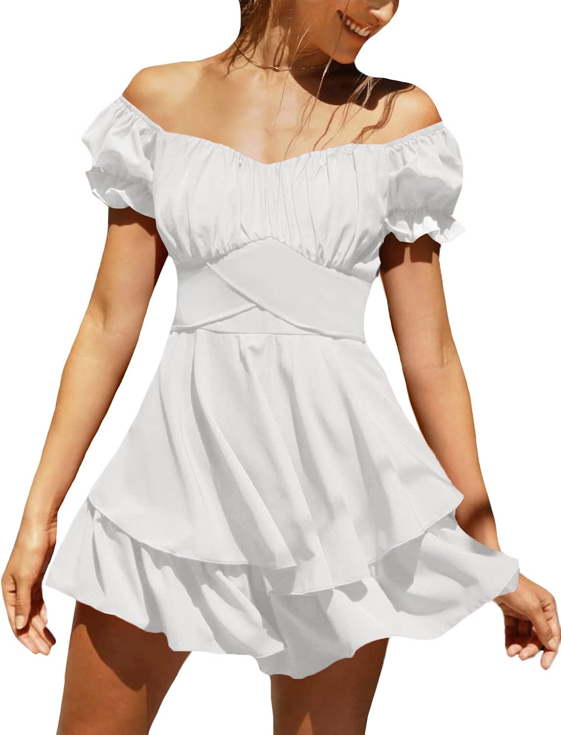 LYANER Women's Off Shoulder Casual Dress | Summer Tie Back Wrap Layer Ruffle A Line Short Sleeve Party Elegant Mini Dresses