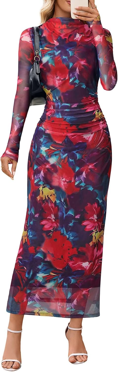 Floral Mesh Long-Sleeve Bodycon Maxi Dress in Neon