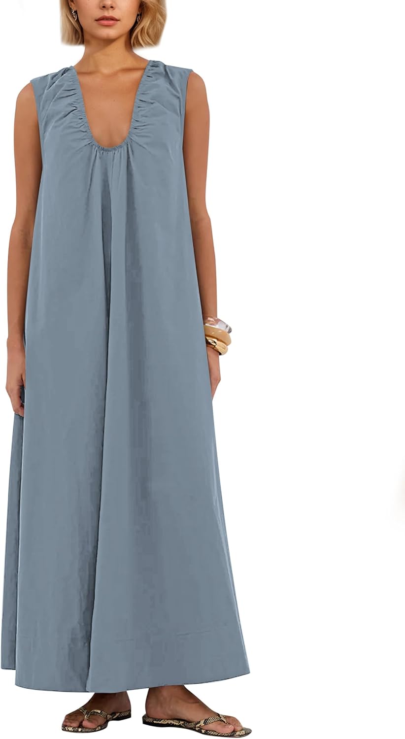 Ardrem Women Sleeveless Ruched Maxi Dress Scoop Neck Long Elegant Dresses Wide Shoulder Strap Blouse Dress with Side Pockets