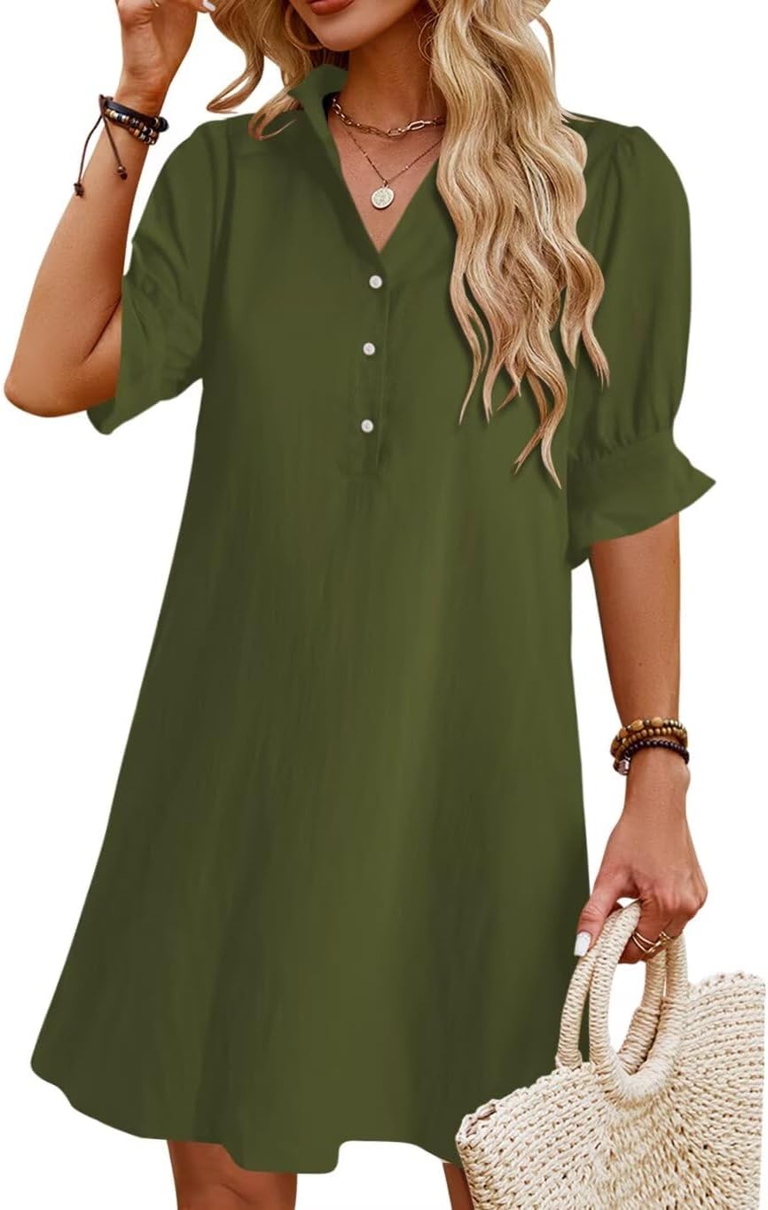 JPGLOV Womens Summer Shirt Mini Beach Dresses | Button Down Shift Dress,Ruffle Short Sleeve,Floral Boho Style,Side Pockets,Casual Vacation Hawaiian Wedding Guest Outfits
