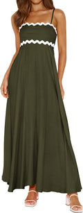 PRETTYGARDEN Women Spaghetti Strap Boho Maxi Dresses Flowy | Sleeveless Smocked Long Dress, Striped Trim Flowy Dress Pockets, Elegant Square Neck Beach Sundress, Casual Summer Outfits