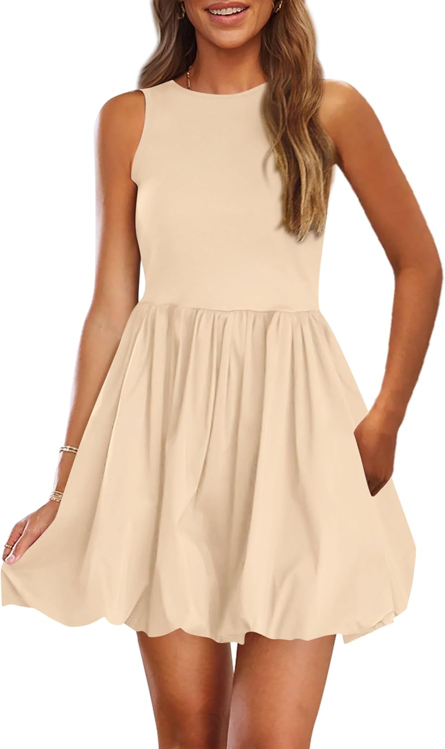 PRETTYGARDEN Womens Summer Bubble Sleeveless Mini Dress | Crewneck High Waist Short Dress, Casaul Tank Sundress with Bubble Hem, with Pockets, Vacation Cocktail Party Hoco Dresses
