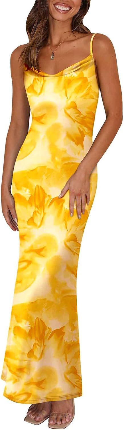 Floral Spaghetti-Strap Bodycon Maxi Dress in Yellow Big Floral