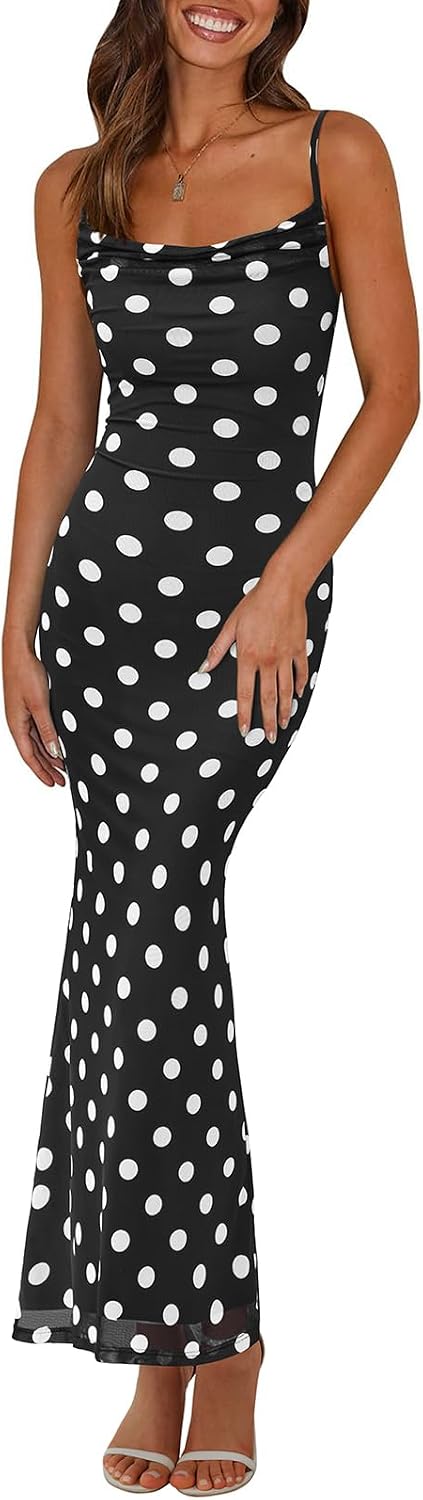 Floral Spaghetti-Strap Bodycon Maxi Dress in Dot Black White