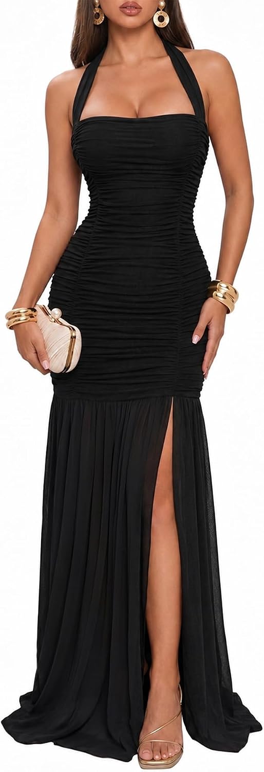 Memoriesea Women's High Slit Halter Tie Ruched Mesh Cocktail Wedding Guest Maxi Dress