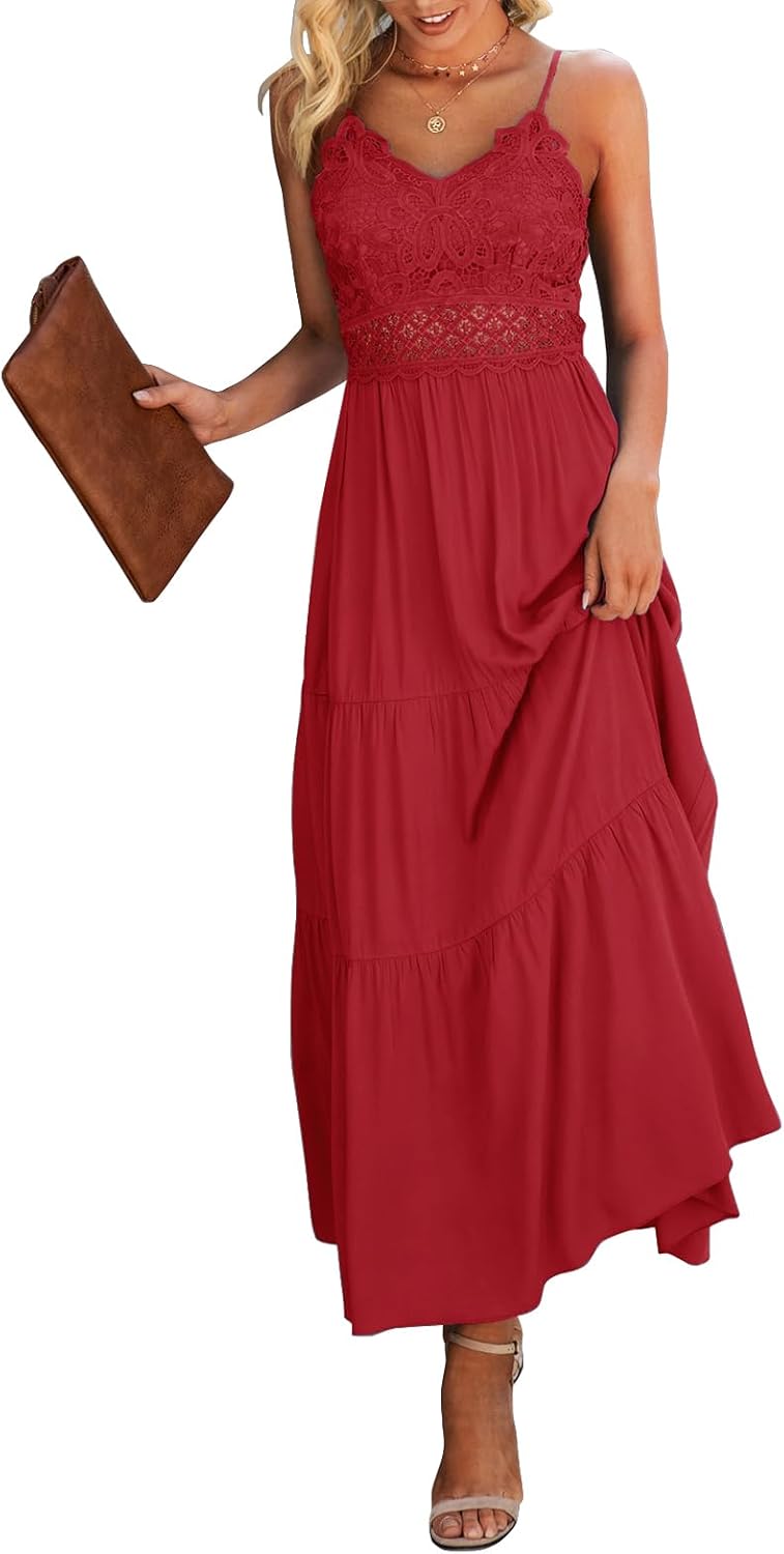 Dokuritu Women's Beach Crochet Lace Maxi Dress Solid Color Summer Vacation Wedding Guest Spaghetti Strap Long Dress