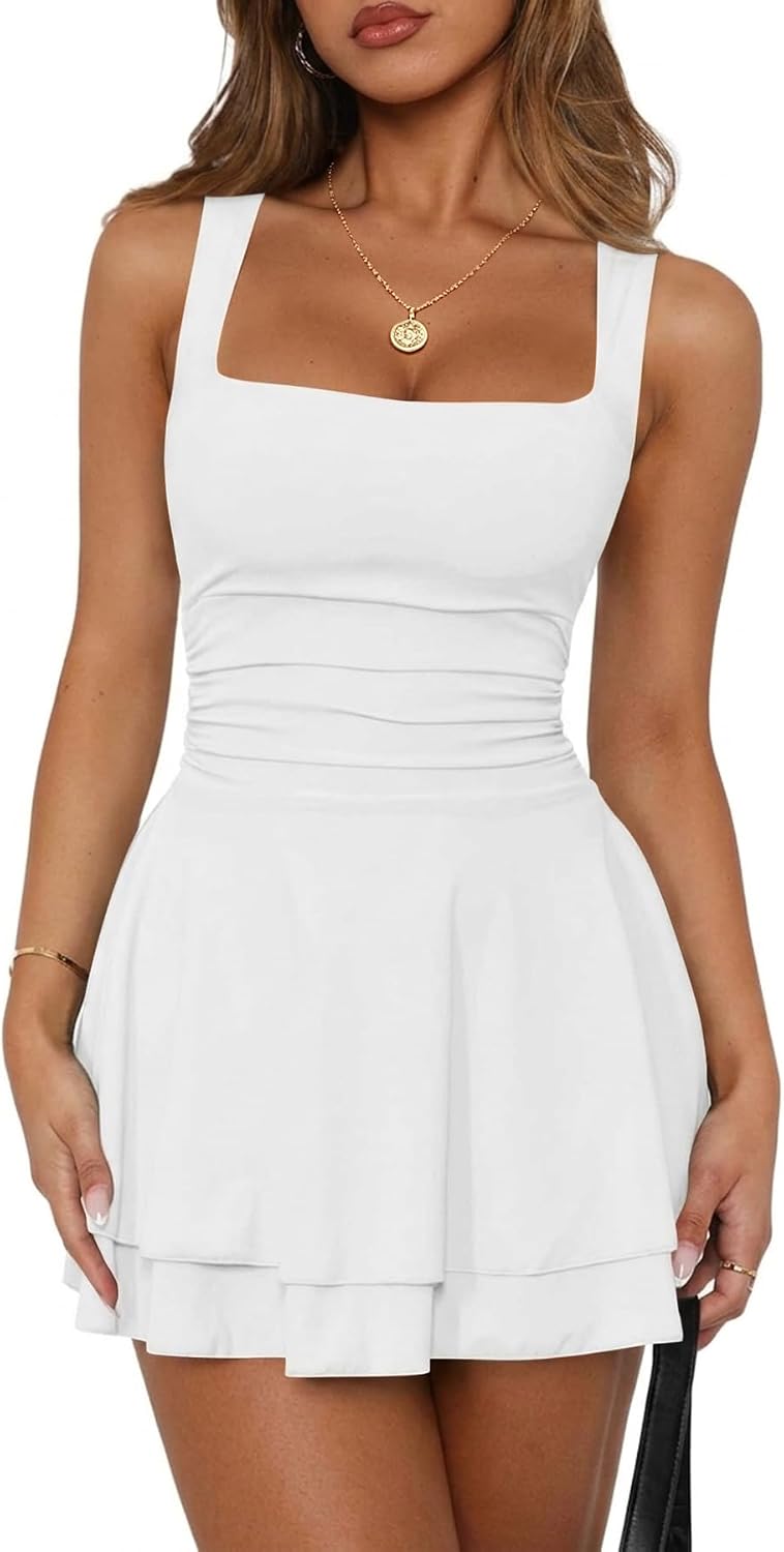 OKIFOIR Women's Square Neck Ruffle Hem Mini Dress | Ruched Waist, A Line, Sleeveless Corset Stretchy Short Homecoming Party Dresses