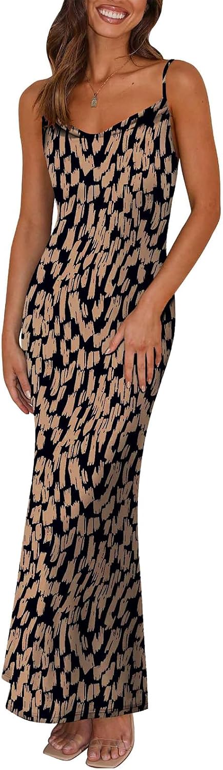 Floral Spaghetti-Strap Bodycon Maxi Dress in Brown
