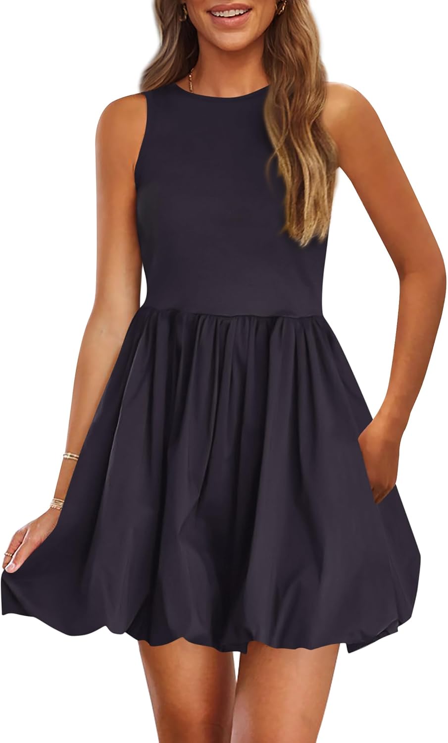 Crew-Neck Sleeveless Mini Dress in Navy