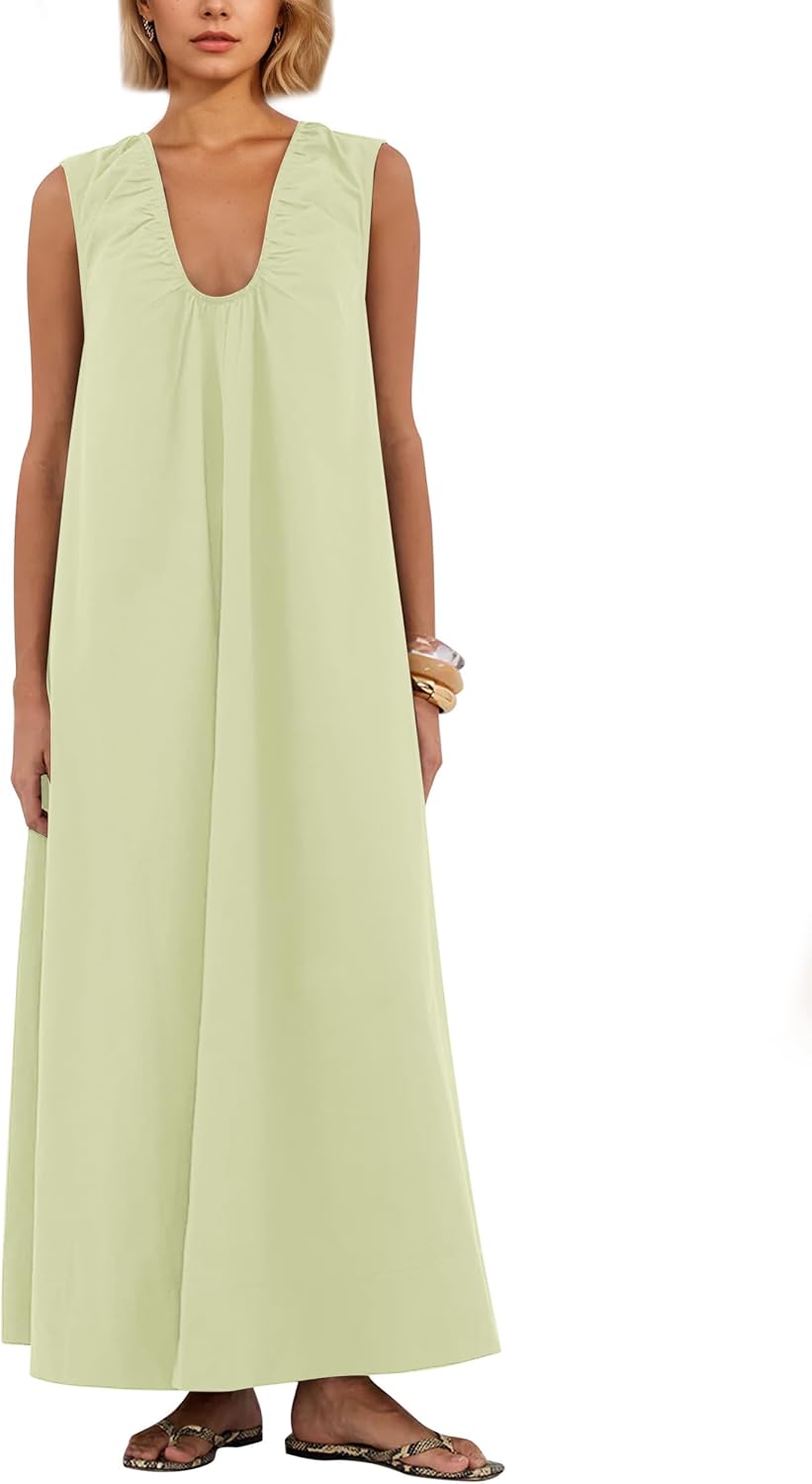 Ardrem Women Sleeveless Ruched Maxi Dress Scoop Neck Long Elegant Dresses Wide Shoulder Strap Blouse Dress with Side Pockets