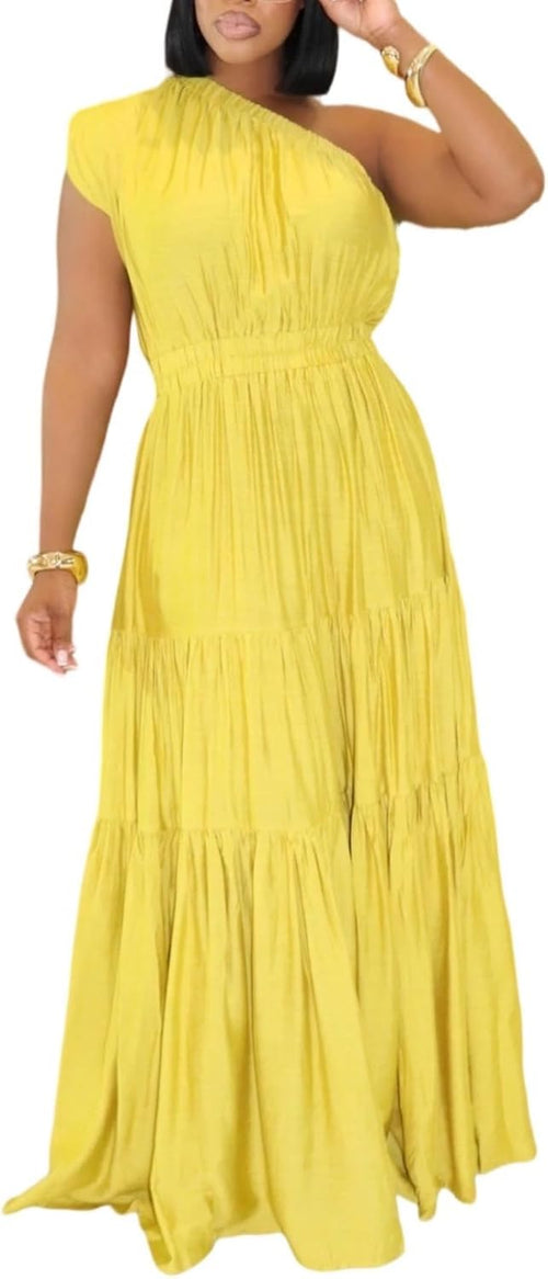 Lucuna Women's Linen One Shoulder Flowy Summer Boho Maxi Dresses | Beach Vacation Outfits, Off Shoulder Sleeveless Ruffle Tiered, Elastic Waist A Line Long Dress, Fall Casual
