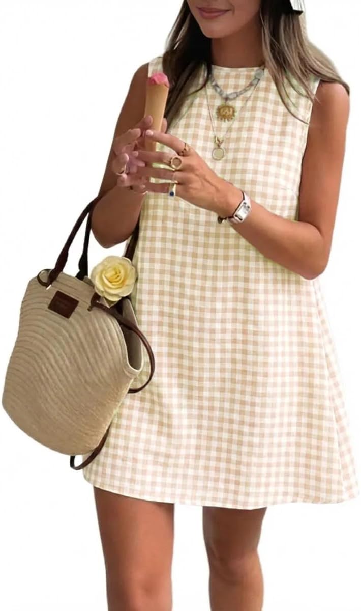 IDEALSANXUN Womens Gingham Dress Spring Summer Cotton Cute Mini Sundresses | 100% Cotton Gingham Pattern Fabric, Side Pockets, High Neck Sleeveless A Line Above the Knee Length Tank Dress