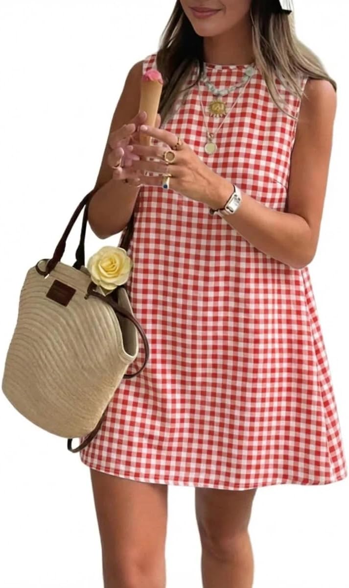 Plaid Mock-Neck Sleeveless A-Line Mini Dress in Watermelon