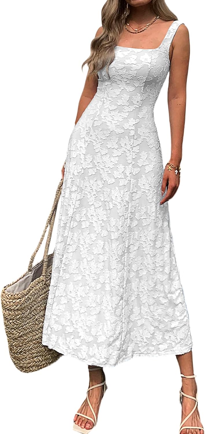 Mieazom Women\u2019s Floral Maxi Dress Square Neck Sleeveless A Line Summer Dress Elegant Fitted Bodice Flowy Long Sundress