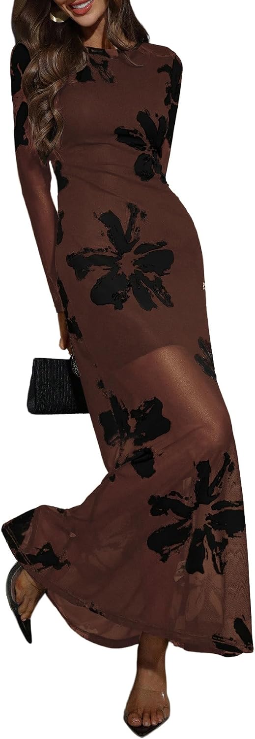 Floral Long-Sleeve Bodycon Maxi Dress in Brown And Black