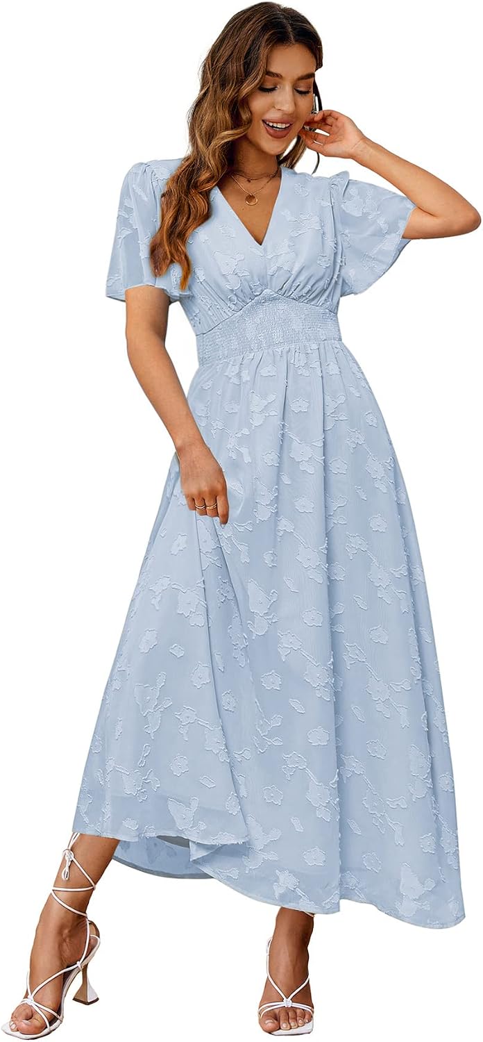 Floral V-Neck Short-Sleeve Maxi Dress in Blue 2