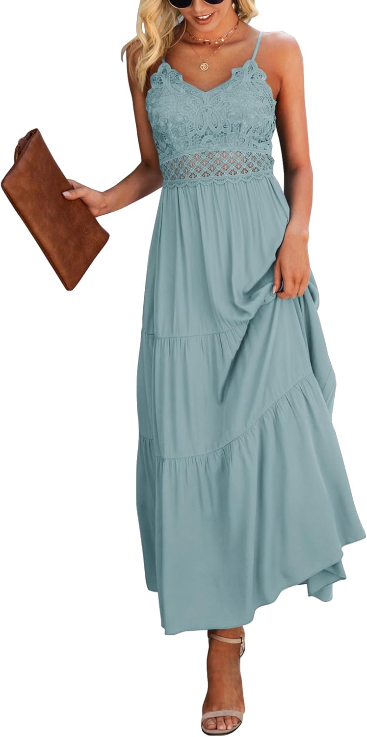 Dokuritu Women's Beach Crochet Lace Maxi Dress Solid Color Summer Vacation Wedding Guest Spaghetti Strap Long Dress