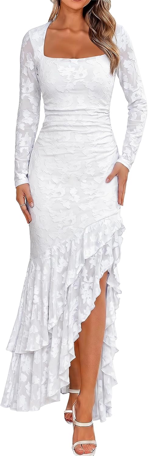 BORIFLORS Women's Elegant Fall Wedding Guest Long Sleeve Maxi Dress | Floral, Mermaid Ruffle, Square Neck, Ruched Mesh,Winter, Cocktail Party Forma, Long Dresses