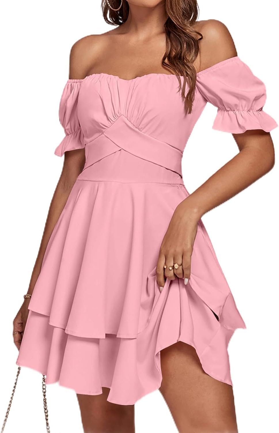 LYANER Women's Off Shoulder Casual Dress | Summer Tie Back Wrap Layer Ruffle A Line Short Sleeve Party Elegant Mini Dresses