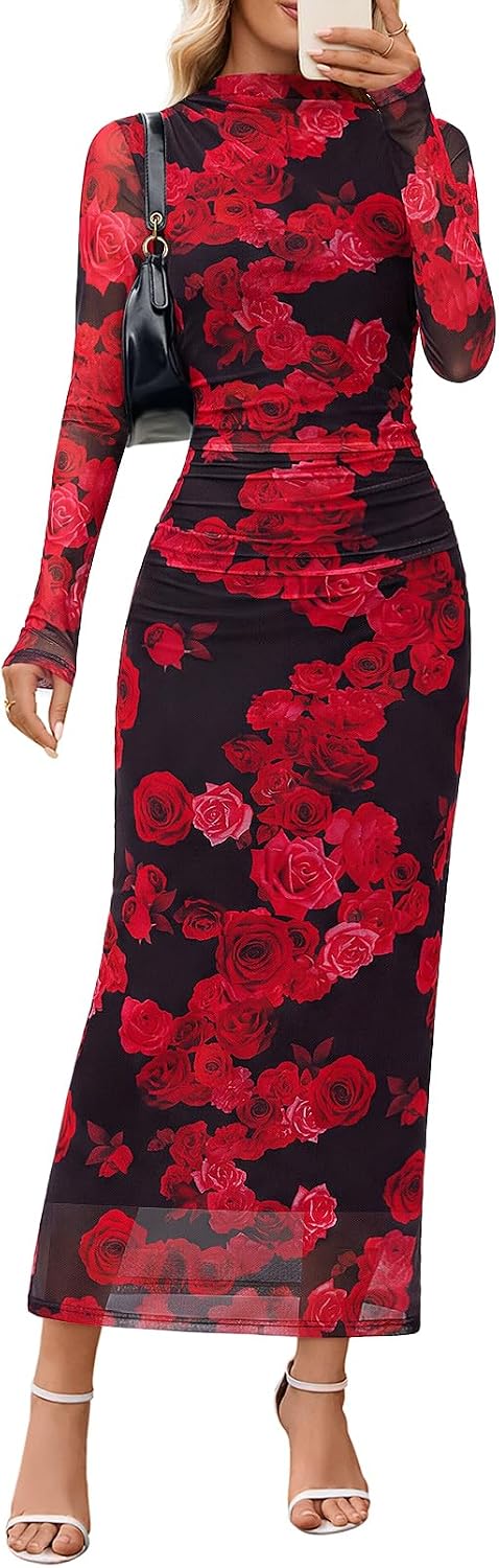 Floral Mesh Long-Sleeve Bodycon Maxi Dress in Red Floral