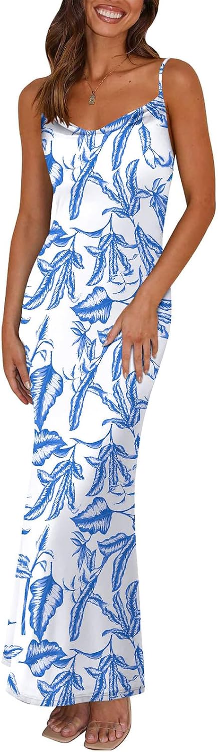Floral Spaghetti-Strap Bodycon Maxi Dress in Blue Leaves