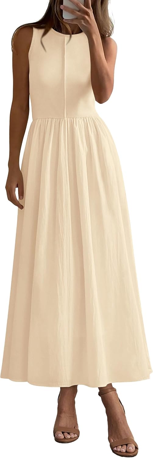 Ribbed Knit Sleeveless A-Line Maxi Dress in Beige