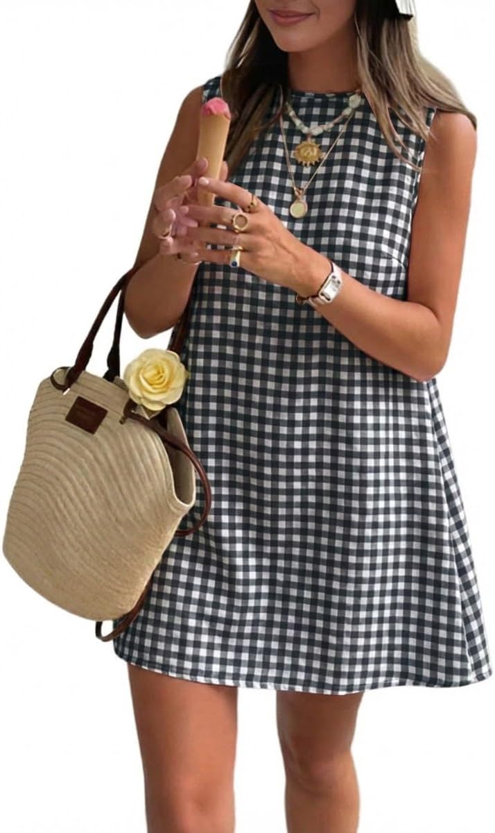 Plaid Mock-Neck Sleeveless A-Line Mini Dress in Black