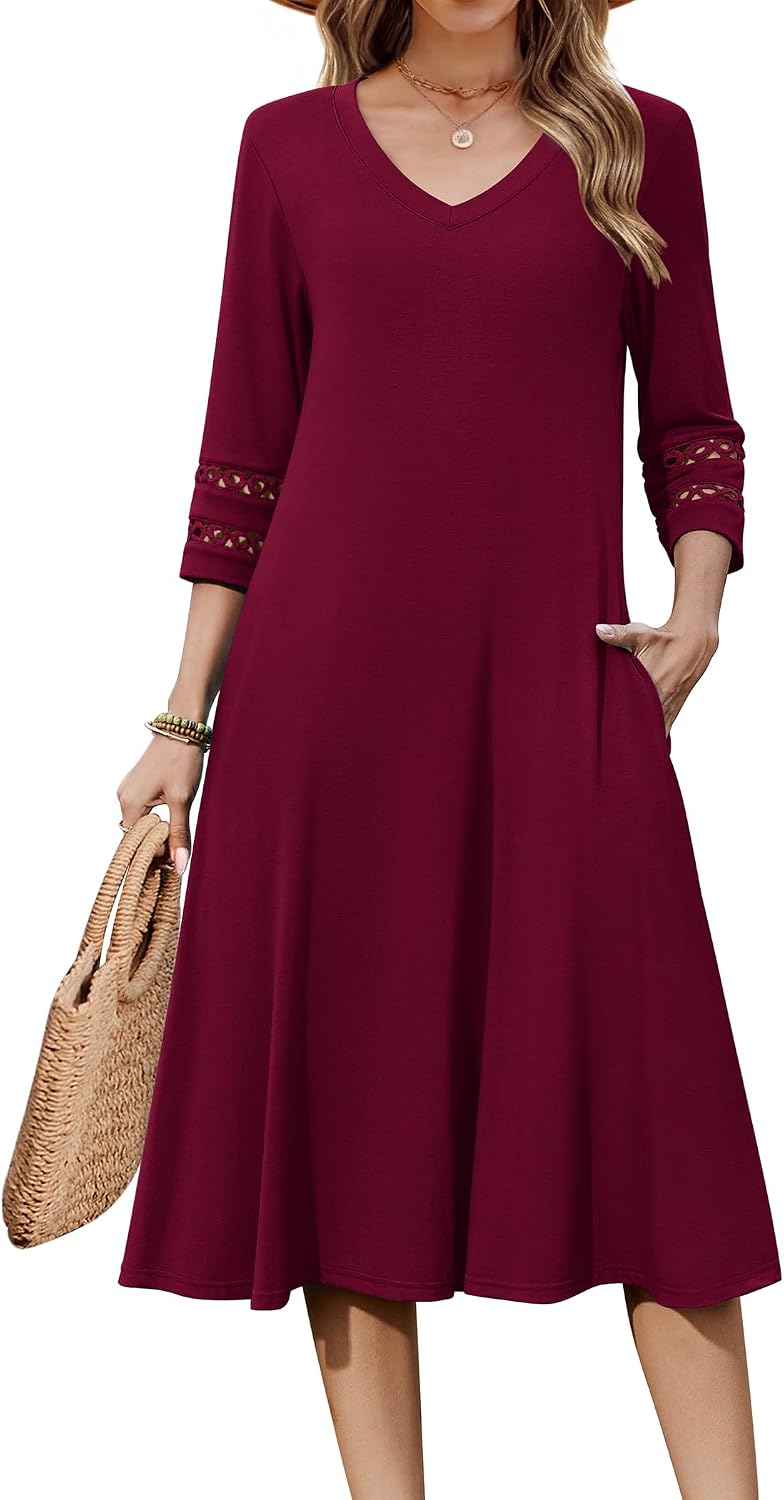 Eyelet V-Neck 3/4-Sleeve A-Line Midi Dress in Wine Red