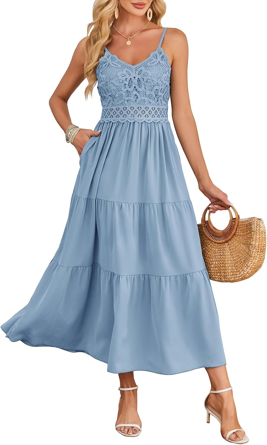 Dokuritu Women's Beach Crochet Lace Maxi Dress Solid Color Summer Vacation Wedding Guest Spaghetti Strap Long Dress