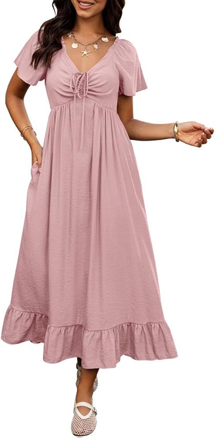 BTFBM Womens Summer Dresses 2026 Wedding Guest Maxi Dress | Short Sleeve, V Neck, Drawstring,A-Line,Loose Fit,Solid,Cocktail,Party,Boho Beach Long Dress,Prom,Beach Vacation Clothes