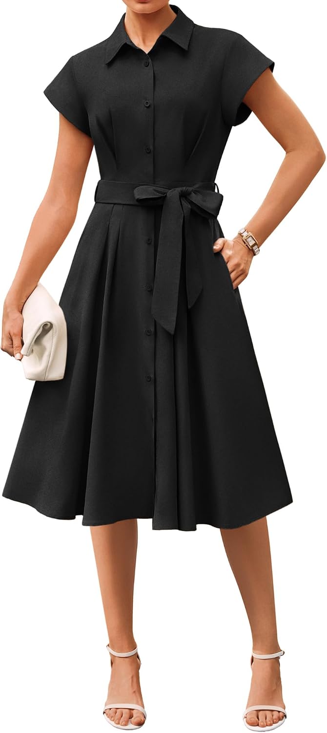 GRACE KARIN Womens Summer Work Business Casual Midi Shirt Dresses | 2026 V Neck Short Sleeve Button Down Collared Belted A Line Dress with Pockets Funeral Office Church Wedding Guest Outfits