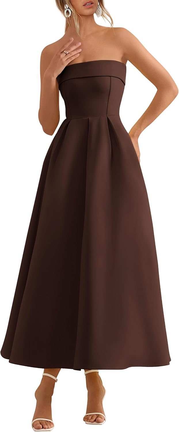 Tube-Top Strapless Midi Cocktail Dress in Brown