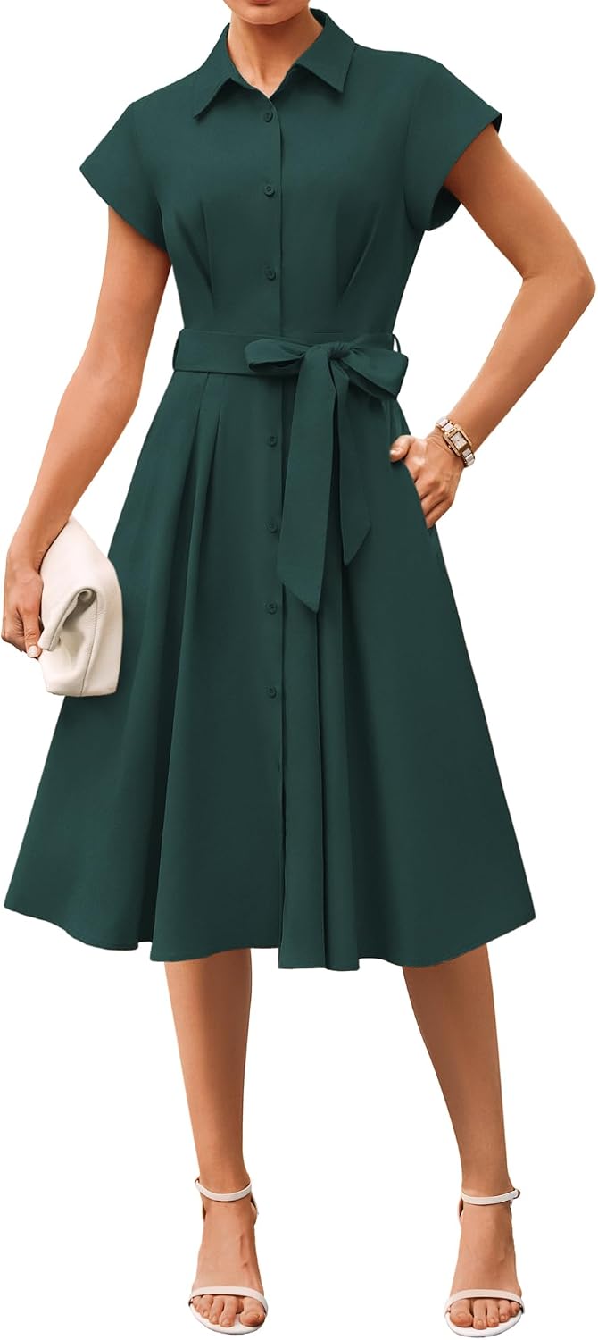 GRACE KARIN Womens Summer Work Business Casual Midi Shirt Dresses | 2026 V Neck Short Sleeve Button Down Collared Belted A Line Dress with Pockets Funeral Office Church Wedding Guest Outfits