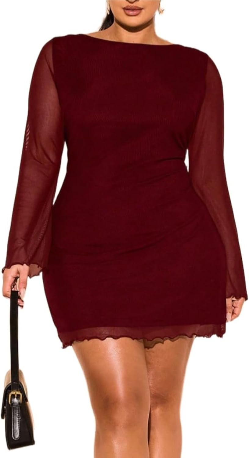 BEAUDRM Women's Plus Size Sexy Mini Dress Fall Wedding Guest Dresses | Date Night Outfit, Club Outfits, Going Out Outfits, Bell Sleeve Cocktail Dress