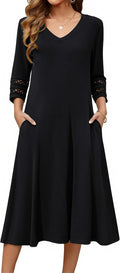 Zeagoo Women's Dresses 3\/4 Sleeve Casual V-Neck A Line Eyelet Midi Dress | 3\/4 Sleeve V Neck Flowy A Line Mid Calf Length Dress With Pockets, Fall Outfits for Work, Funeral Church