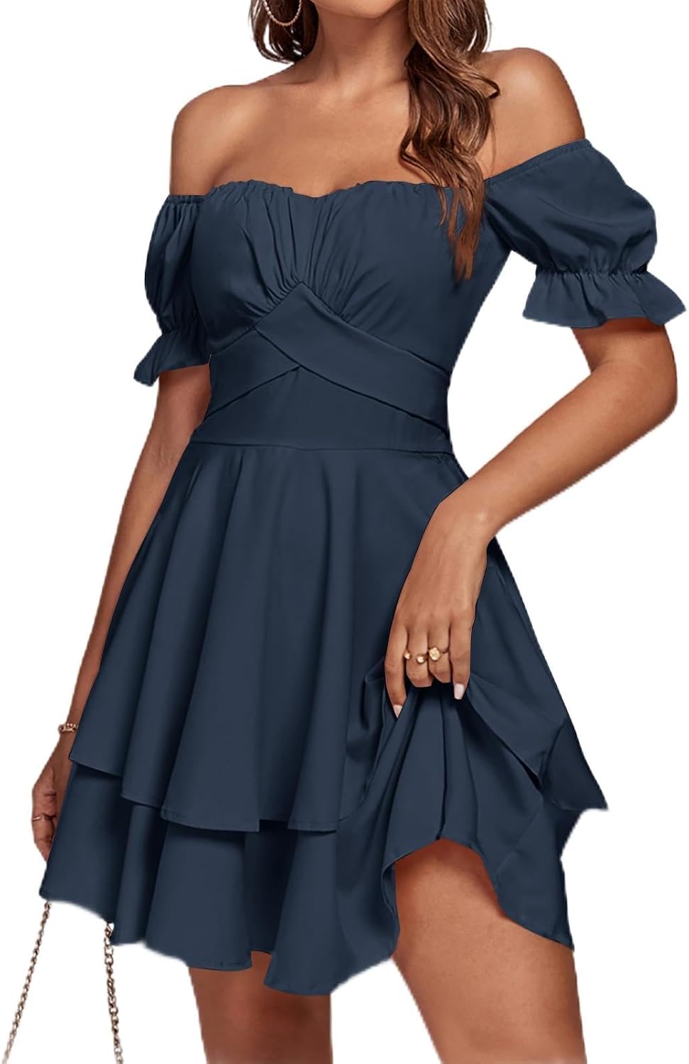 LYANER Women's Off Shoulder Casual Dress | Summer Tie Back Wrap Layer Ruffle A Line Short Sleeve Party Elegant Mini Dresses