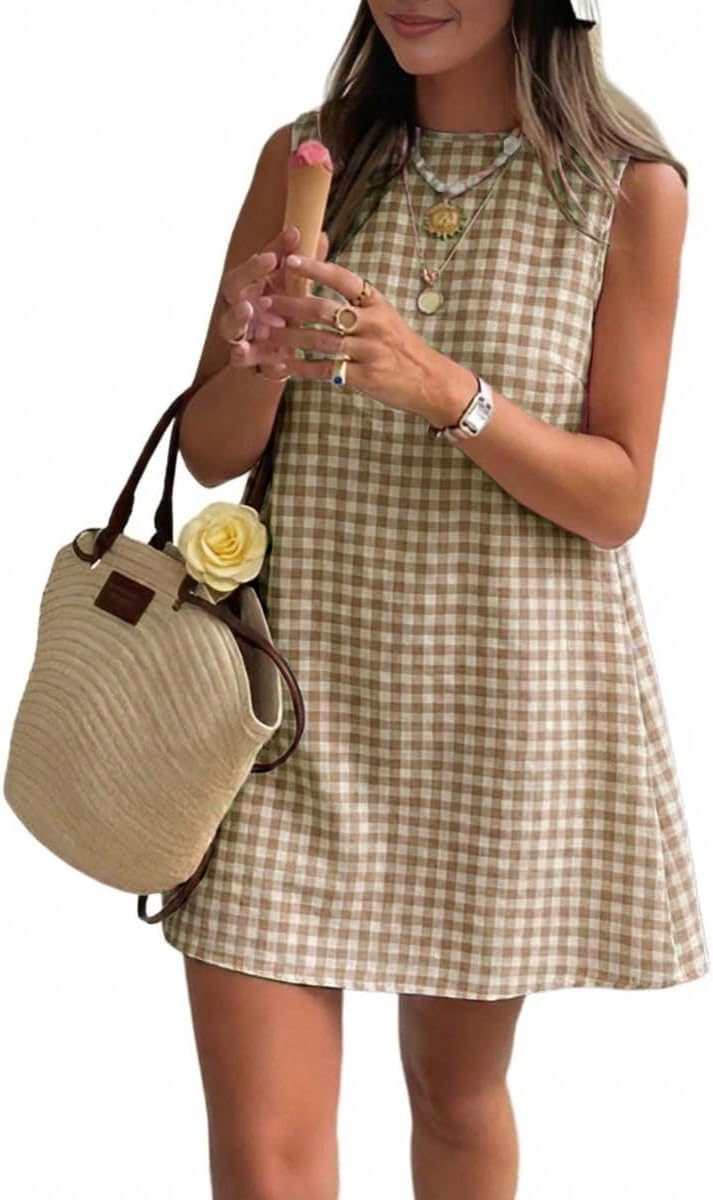 Plaid Mock-Neck Sleeveless A-Line Mini Dress in Dark Khaki