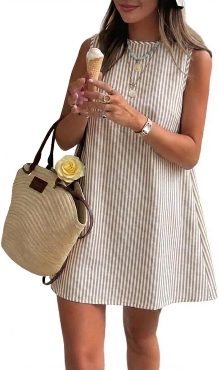 Plaid Mock-Neck Sleeveless A-Line Mini Dress in Striped Khaki