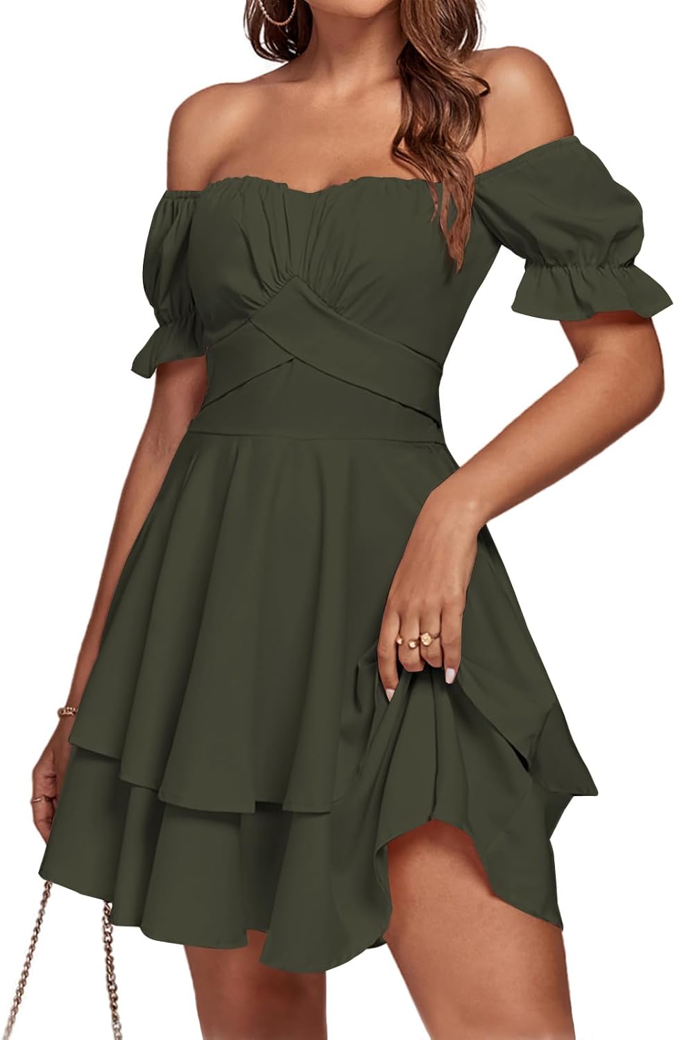LYANER Women's Off Shoulder Casual Dress | Summer Tie Back Wrap Layer Ruffle A Line Short Sleeve Party Elegant Mini Dresses