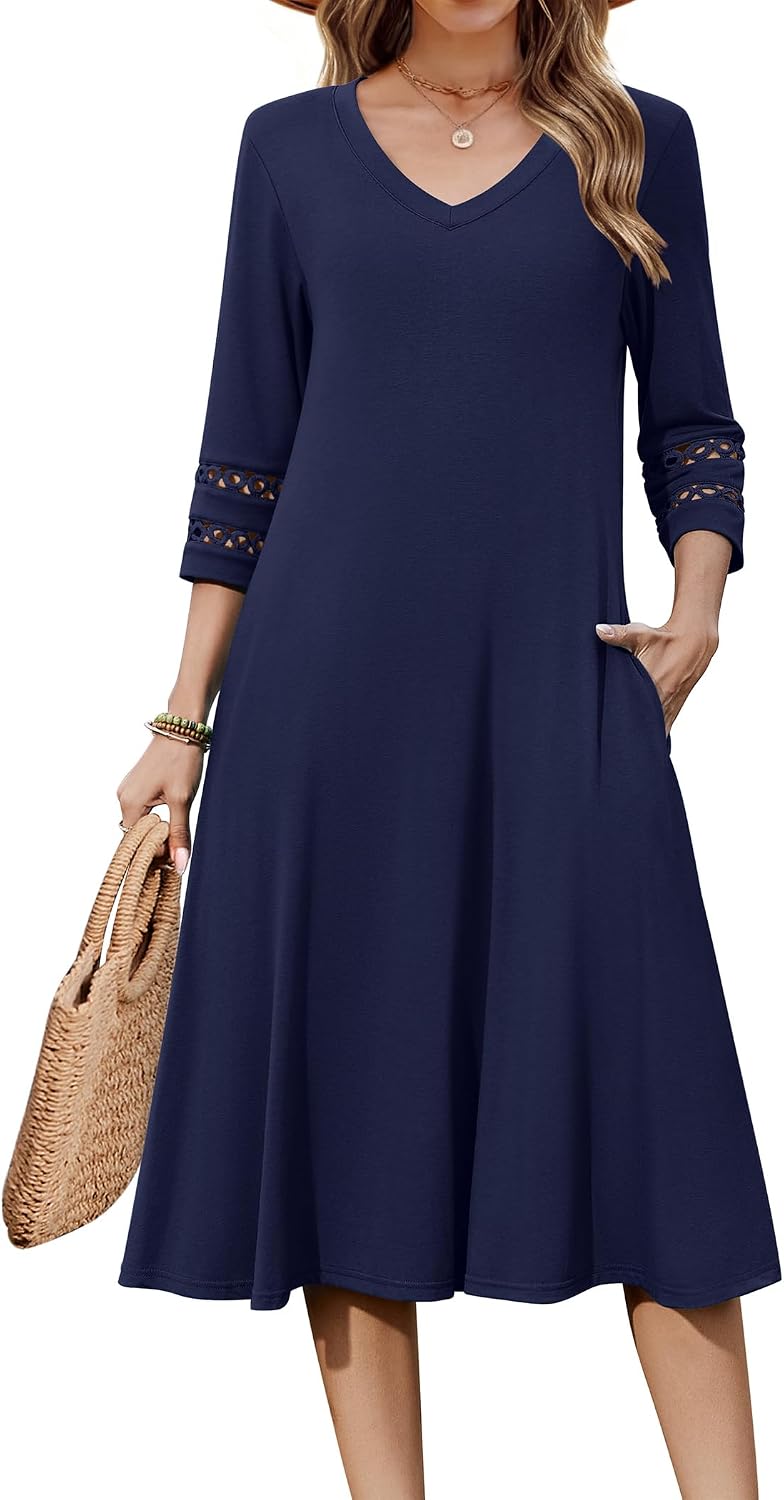 Eyelet V-Neck 3/4-Sleeve A-Line Midi Dress in Blue 1