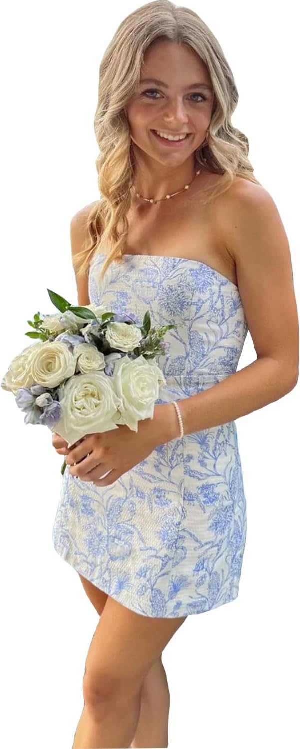 Flybridal Floral Mini Strapless Homecoming Cocktail Dress | Short Prom Graduation Birthday Party Dresses, Semi Formal Wedding Guest Outfit, Built in Bra, Lace-up and Zipper Closure