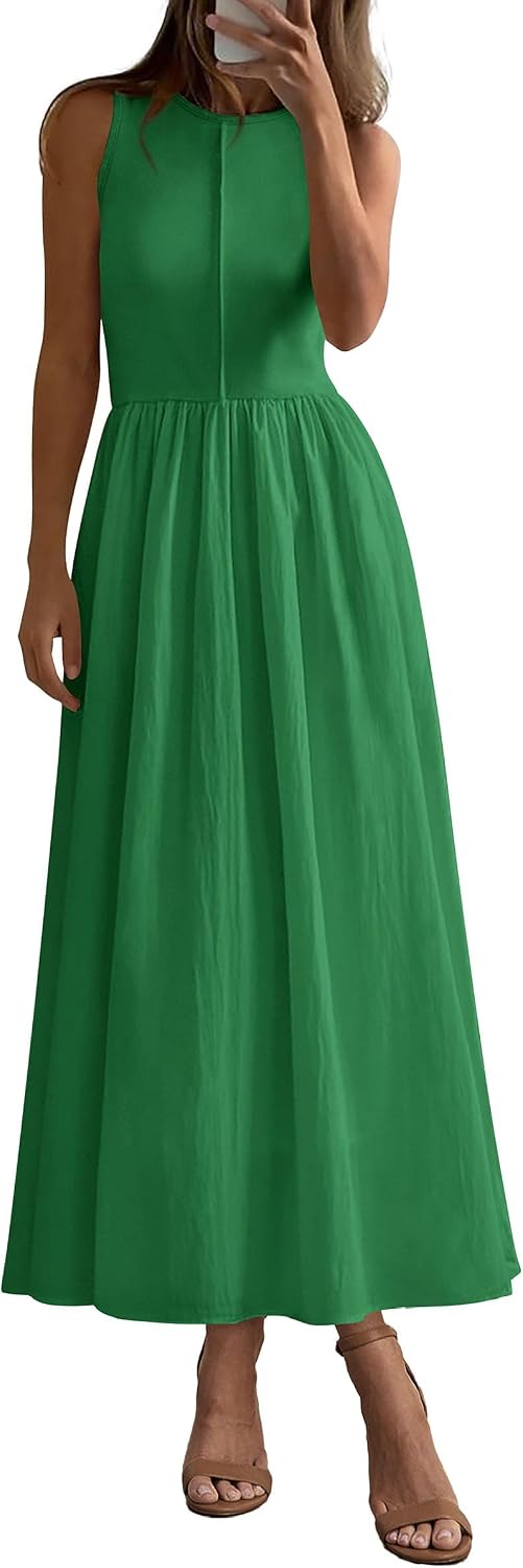 Ribbed Knit Sleeveless A-Line Maxi Dress in Green