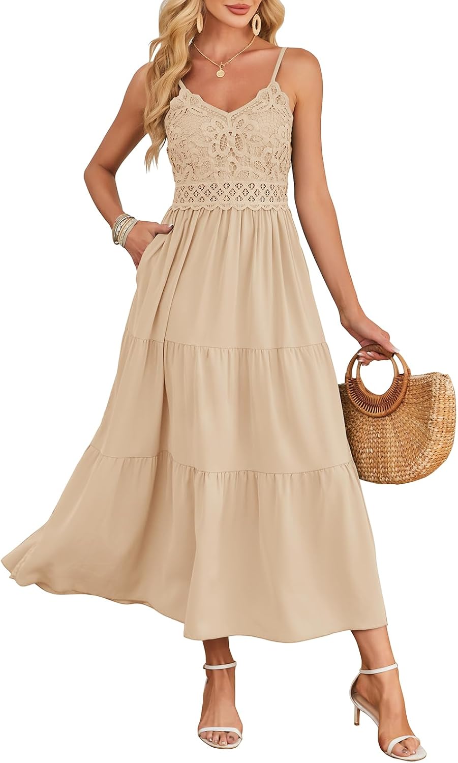 Dokuritu Women's Beach Crochet Lace Maxi Dress Solid Color Summer Vacation Wedding Guest Spaghetti Strap Long Dress