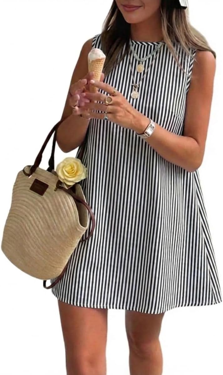 Plaid Mock-Neck Sleeveless A-Line Mini Dress in Striped Black