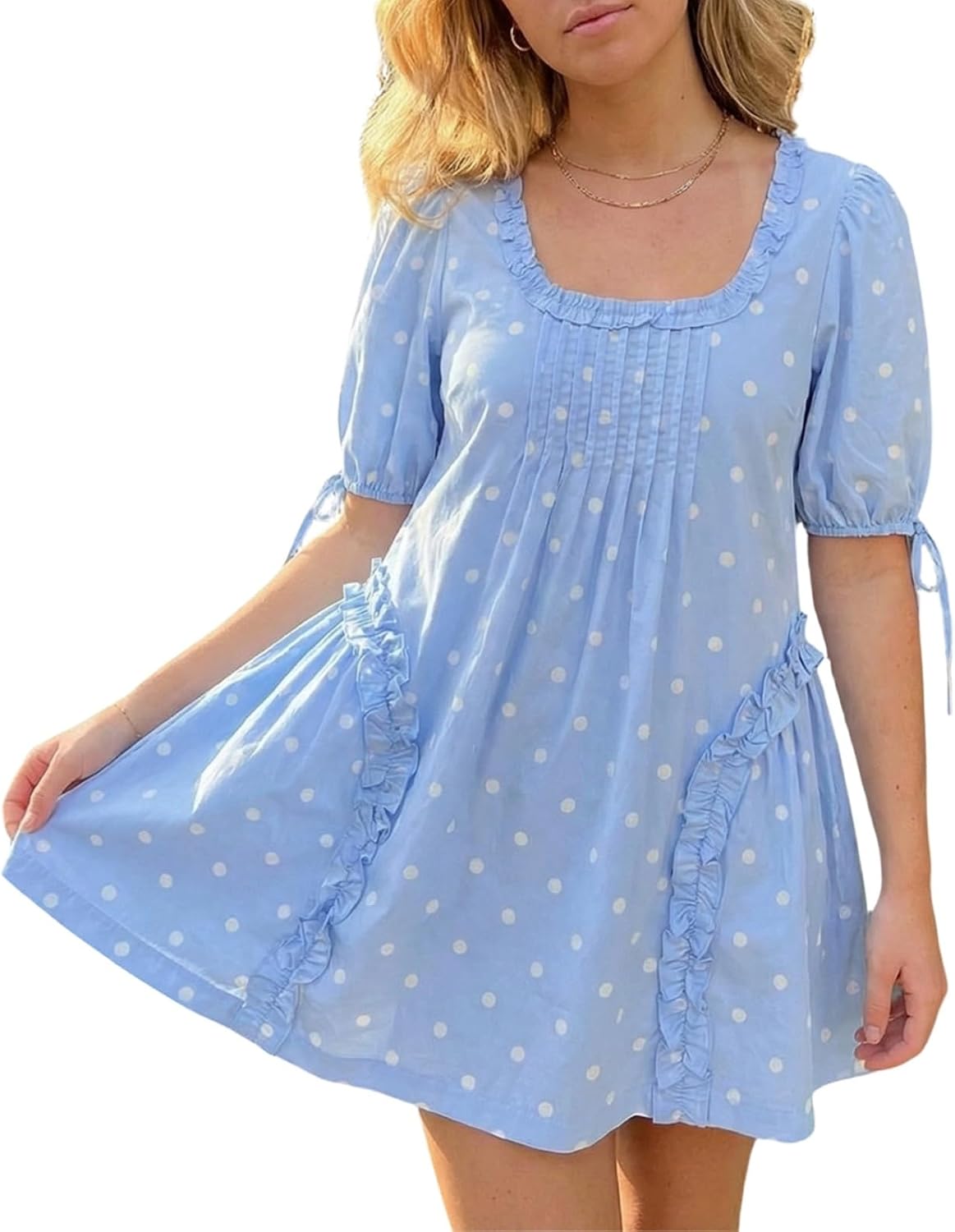 QLQLWDD Women Square Neck Babydoll Mini Dress Y2k Puff Sleeve Flowy Short Dress Loose Bow Tie Ruffle Trim Going Out Sundress