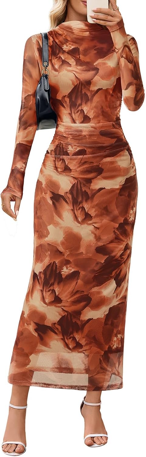 Floral Mesh Long-Sleeve Bodycon Maxi Dress in Brown
